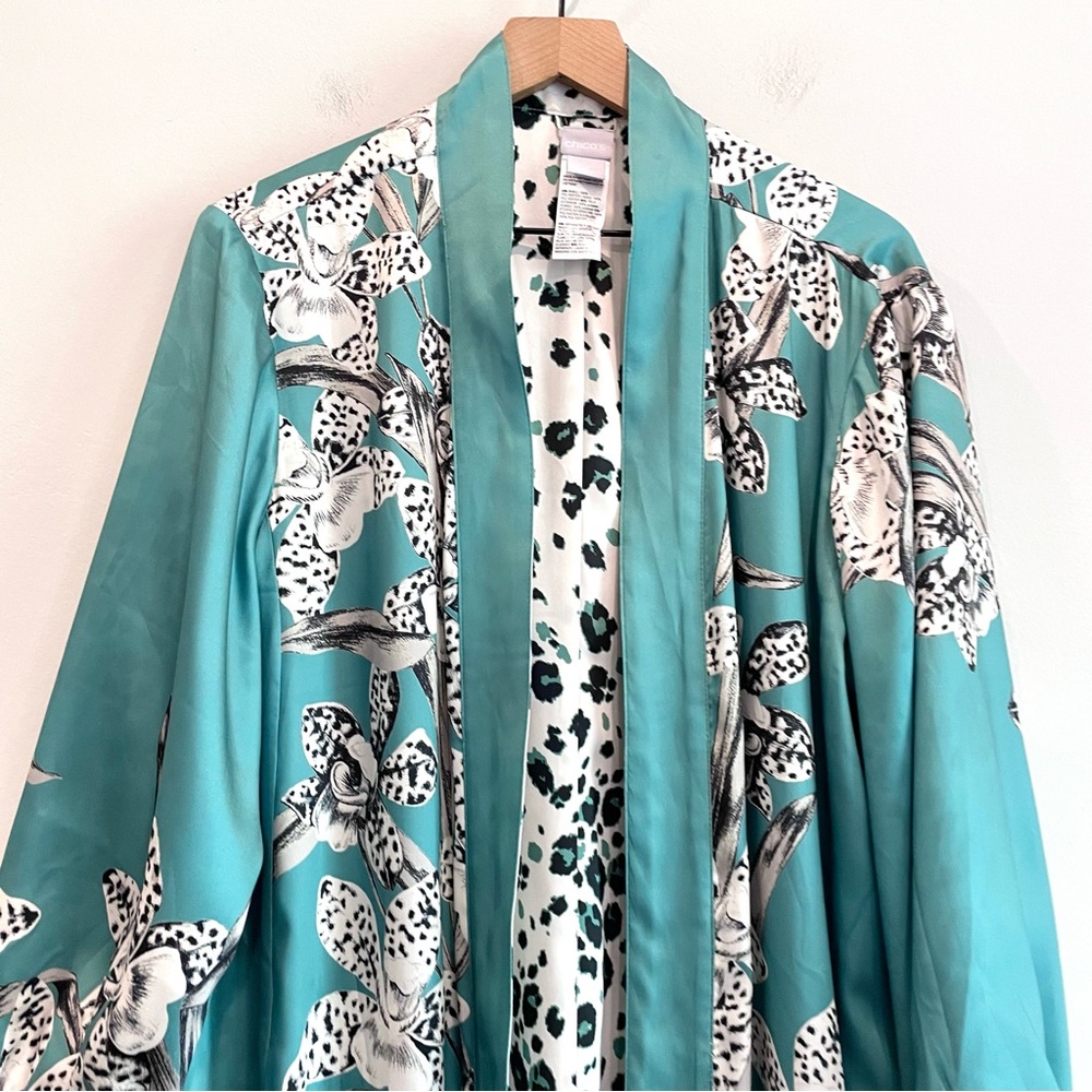 Chicos Reversible Floral Leopard Duster Open Front Cardigan Jacket - Picture 4 of 13